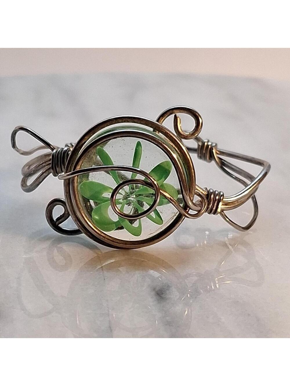 Handmade Artisan Green Marble Spiral Glass Sphere the middle Wire Cuff